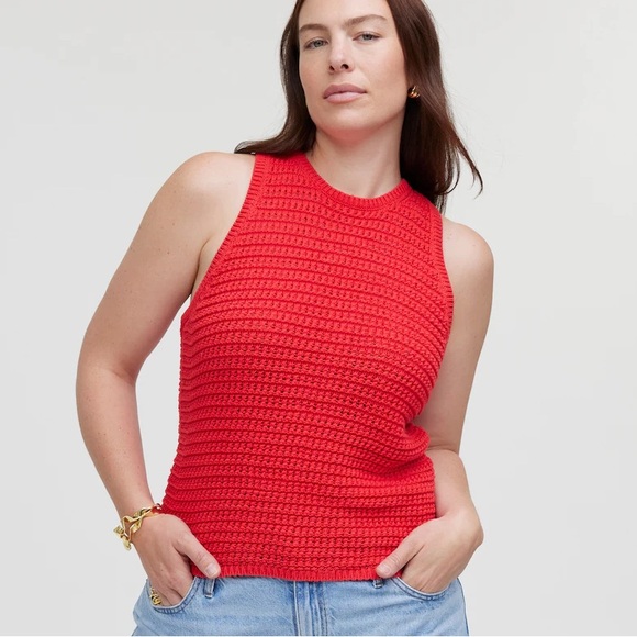 Madewell Tops - Madewell Crochet-Knit Crewneck Sweater Tank in Crushed Watermelon Red